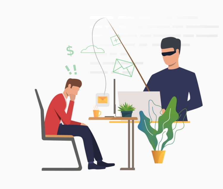 Cybercriminal using phishing hook to steal email and financial icons while user reacts in distress, illustrating how to recognize and protect against phishy emails.