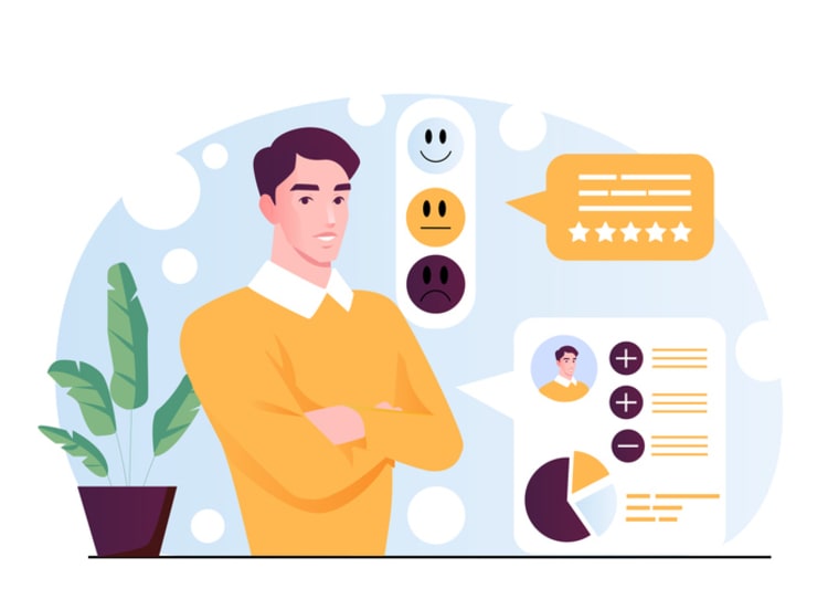 Confident professional standing beside feedback icons, rating stars, and performance charts, illustrating how behavioral analytics supports business decisions and employee evaluation.