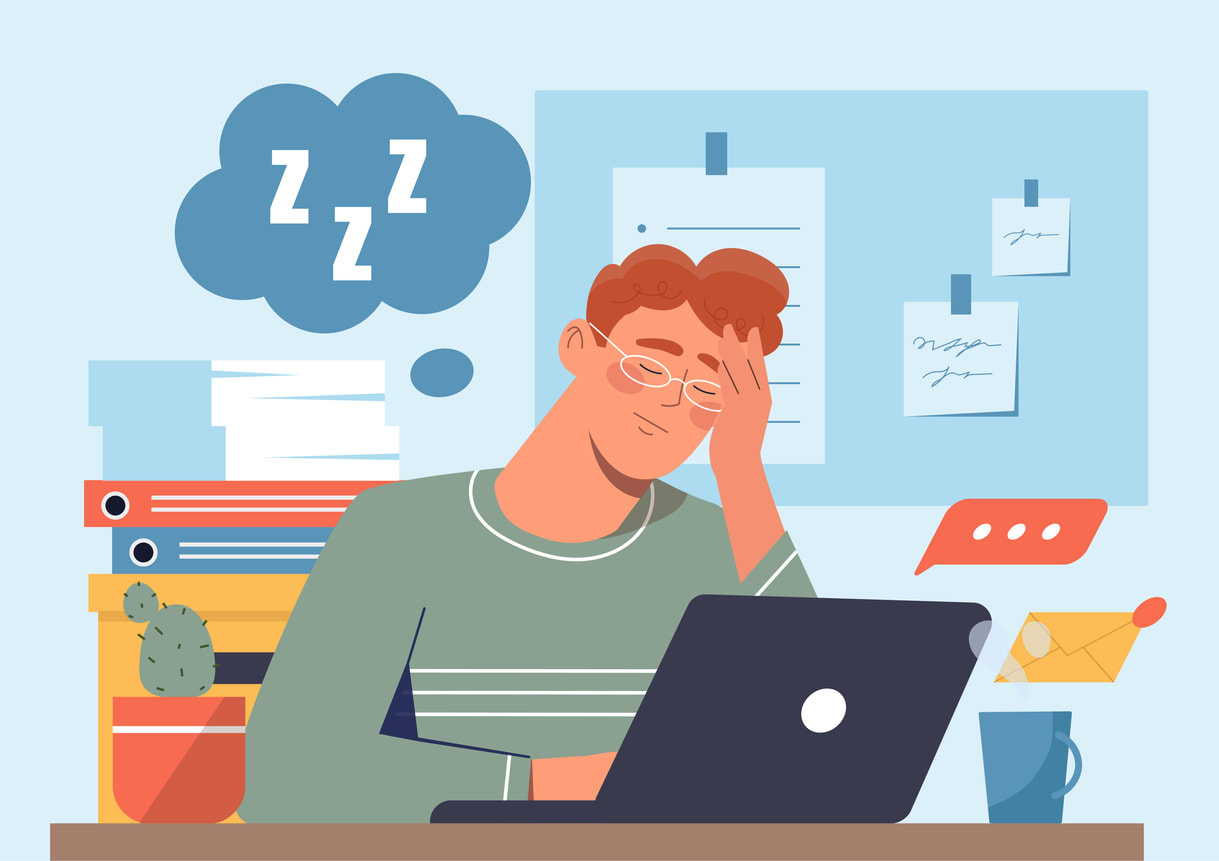 Tired office worker falling asleep at desk.