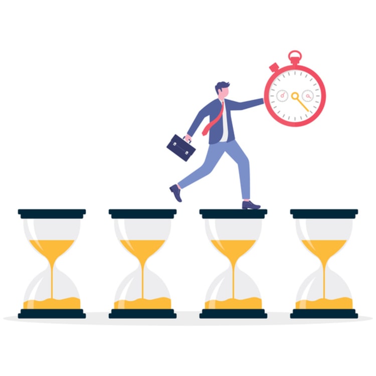 Businessperson stepping across hourglasses with stopwatch in hand, symbolizing preventing time theft and improving workplace time management.