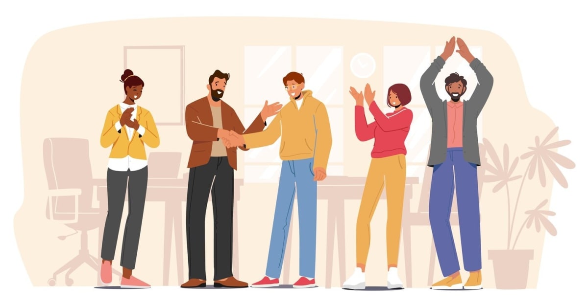 A positive work environment with engaged employees collaborating.
