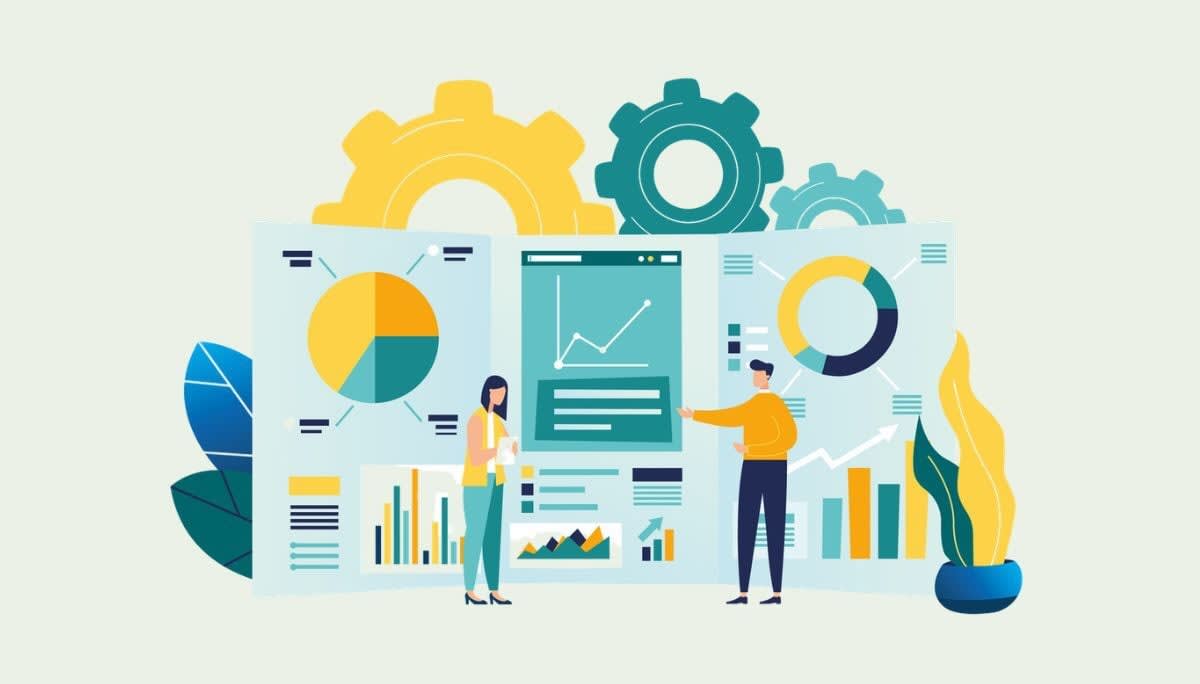 Illustration of tech gears and two people analyzing charts and graphs, symbolizing knowledge base software for teams and enterprises.