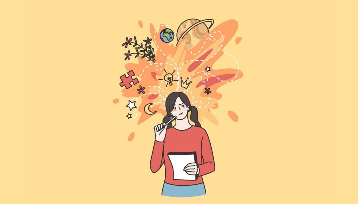 Illustration of person with paper and pencil surrounded by creative icons, symbolizing mind mapping.