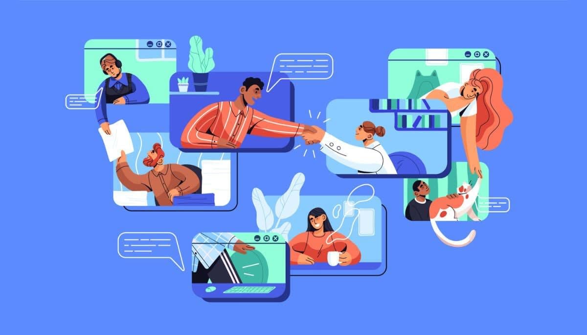 Illustration of remote coworkers communicating and collaborating through virtual screens and online workspaces