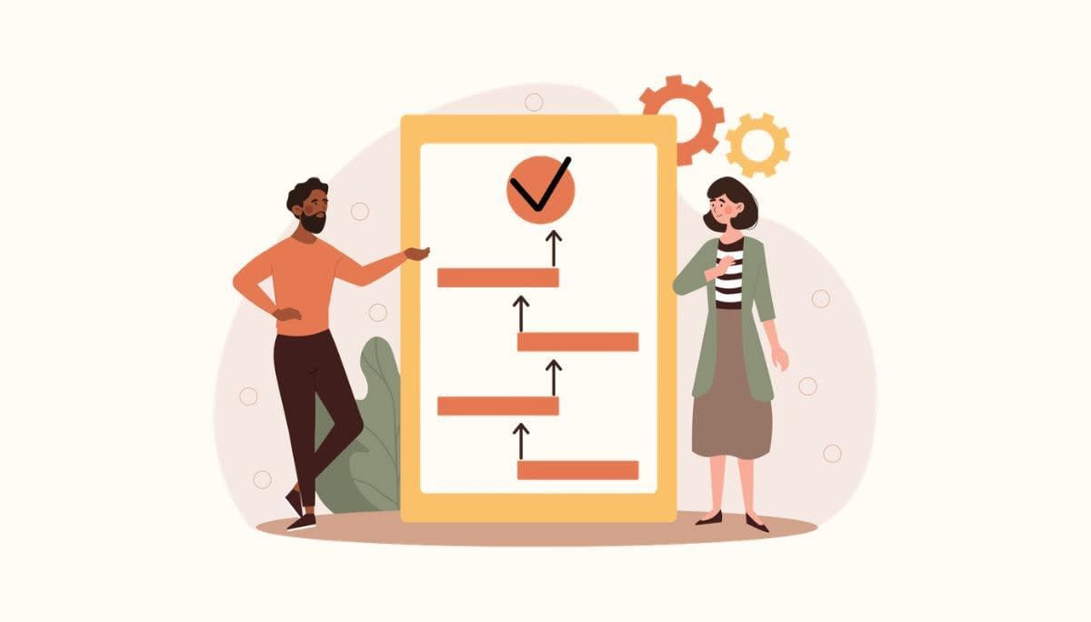 Illustration of coworkers reviewing a flowchart with a checkmark, representing a performance improvement plan.