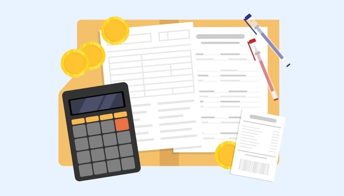 Flat lay of calculator, papers, folder, pens, and coins, symbolizing price quotes in business.