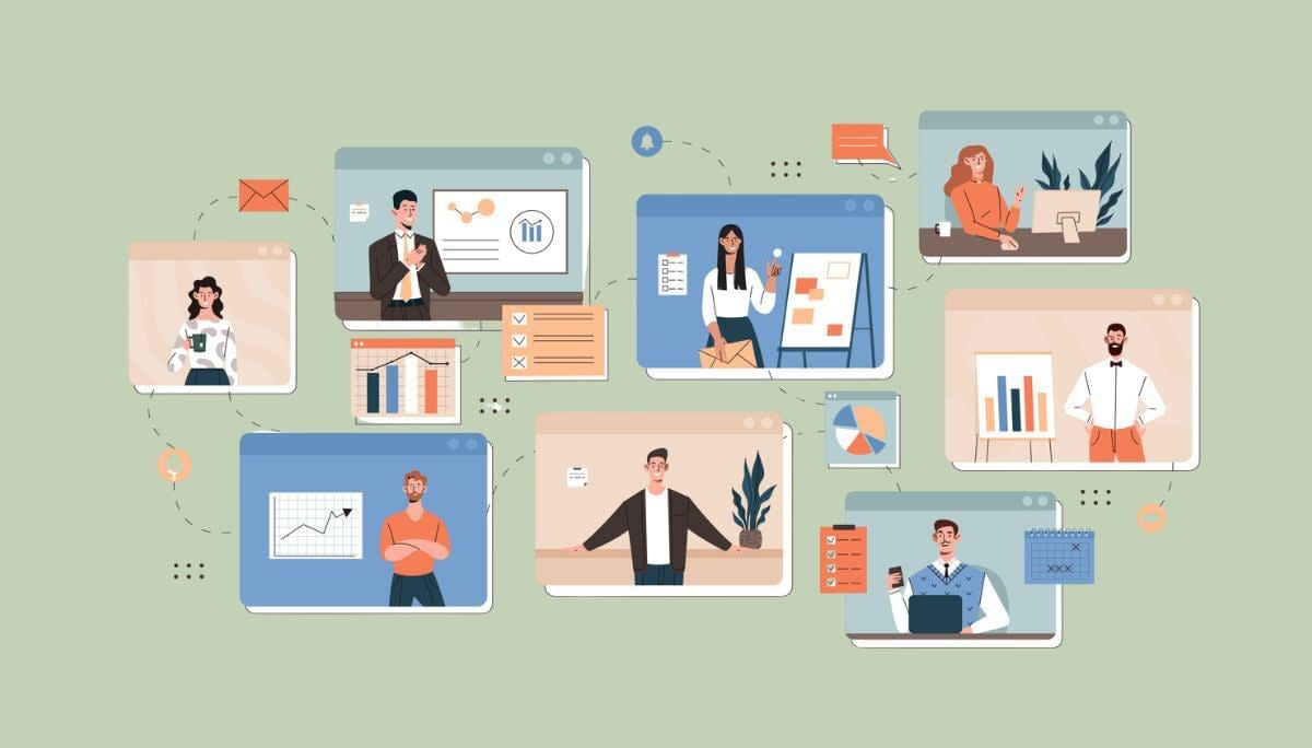 Illustration of people in video call windows presenting charts, symbolizing professionalism in virtual meetings.