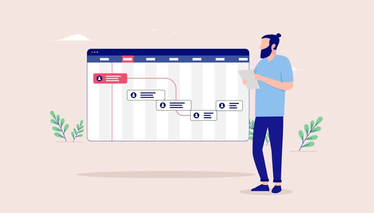 Illustration of project workflow with task bars and dependencies, symbolizing milestone tracking in management.