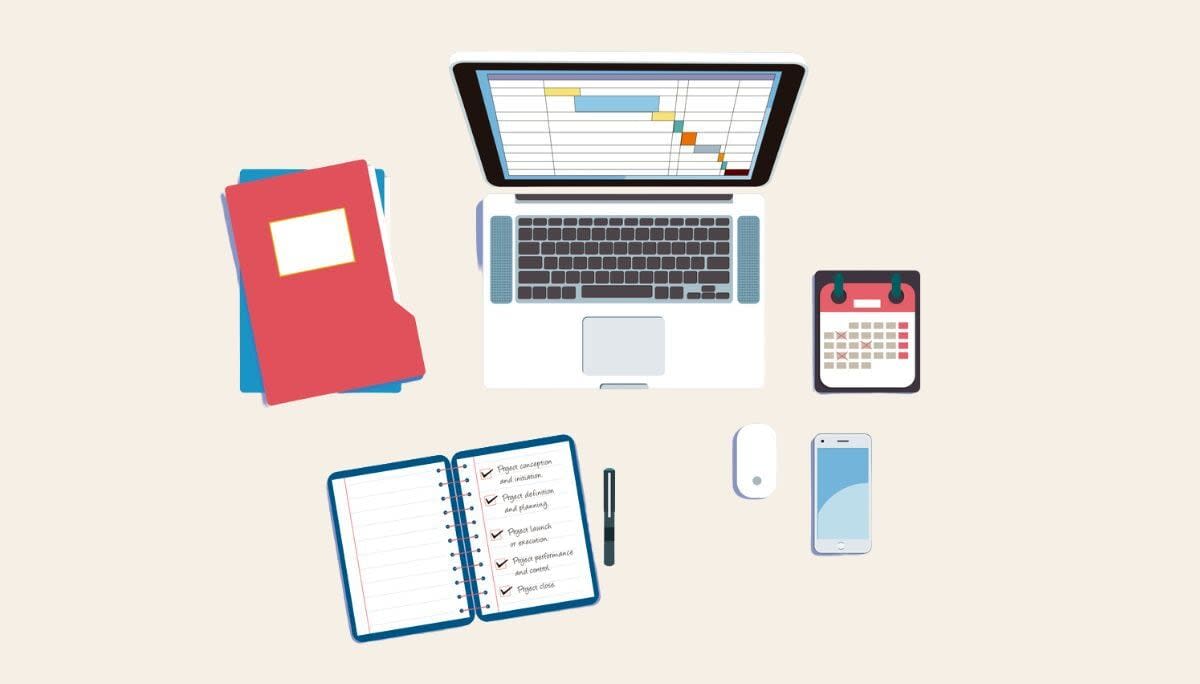Illustration of desk setup with charts, notebooks, and calendar, depicting project execution planning process.