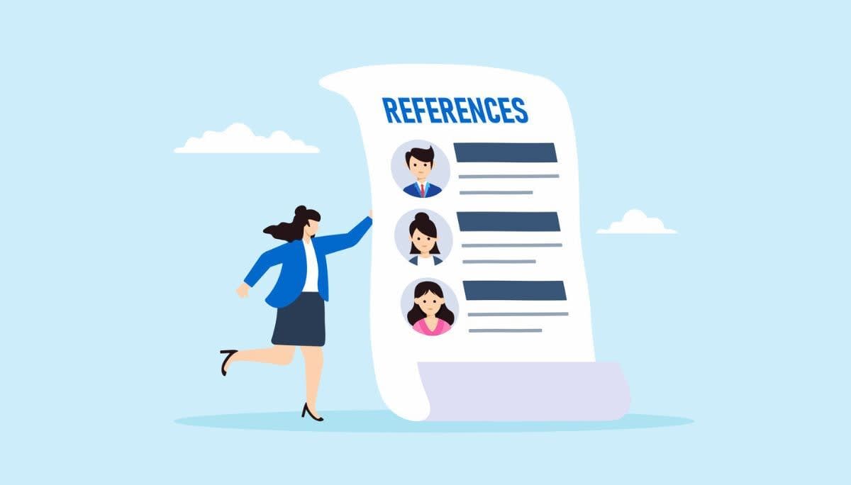 Illustration of professional beside large references document with profile icons, symbolizing reference list template.
