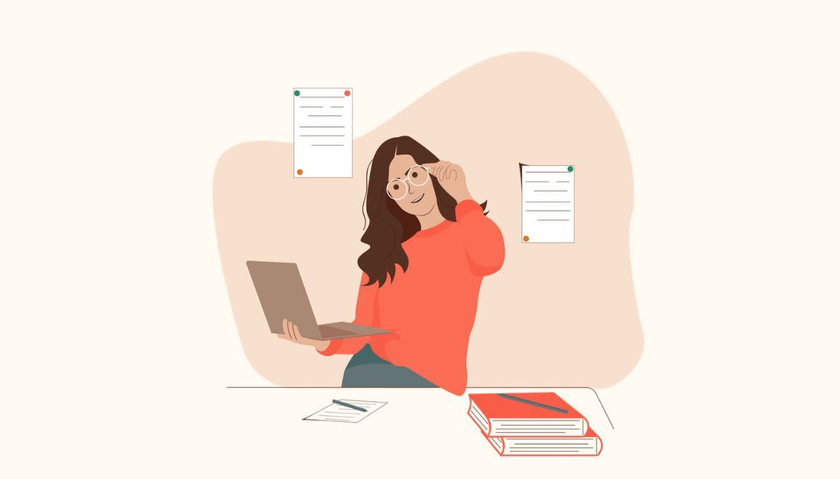 Illustration of a person with laptop at desk adjusting glasses.