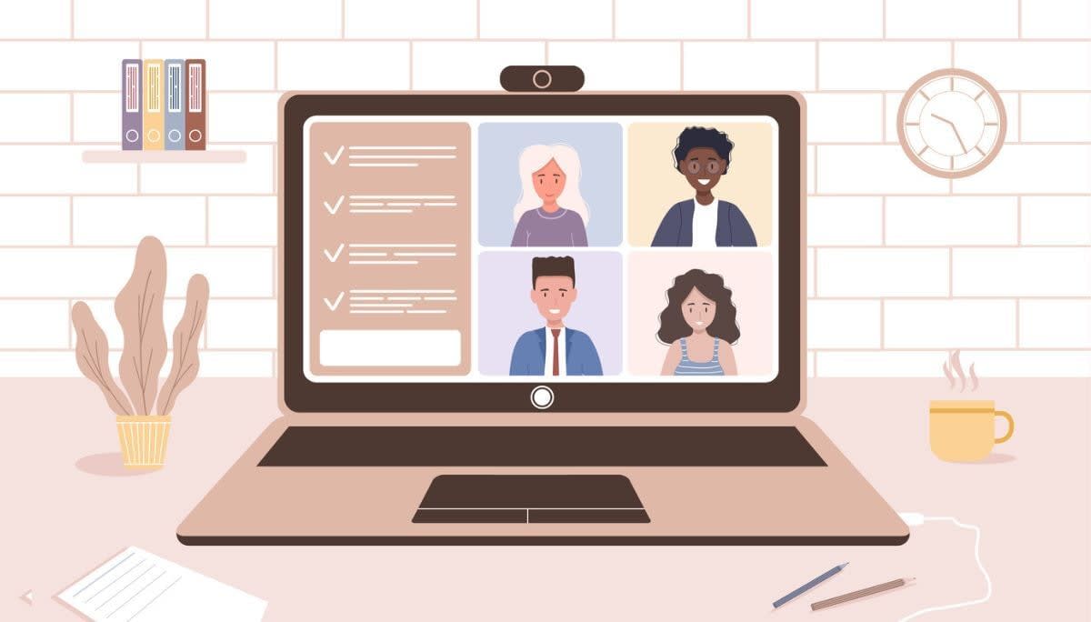 Illustration of remote work scene with virtual meeting participants, used to depict Slack Huddles.
