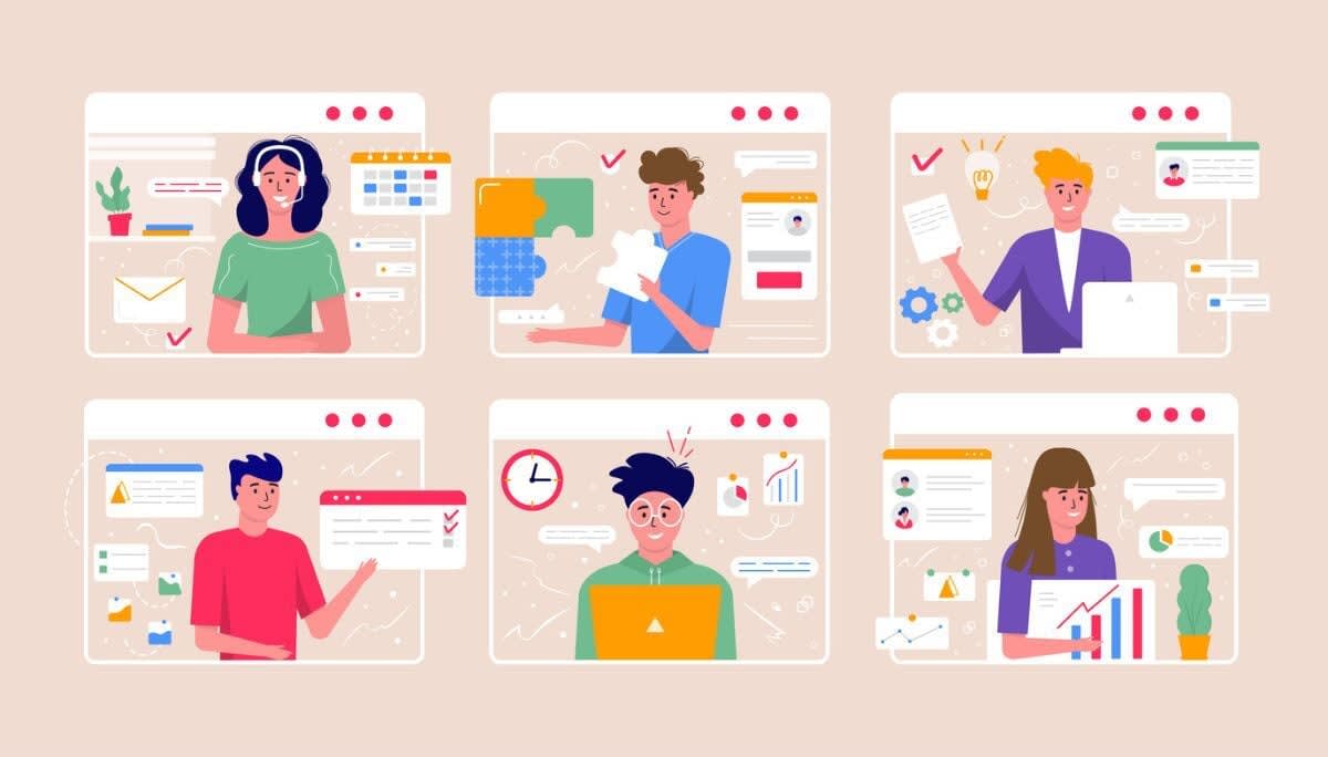 Illustrated panels of people using digital tools, symbolizing social media CRM integration for teamwork and productivity.