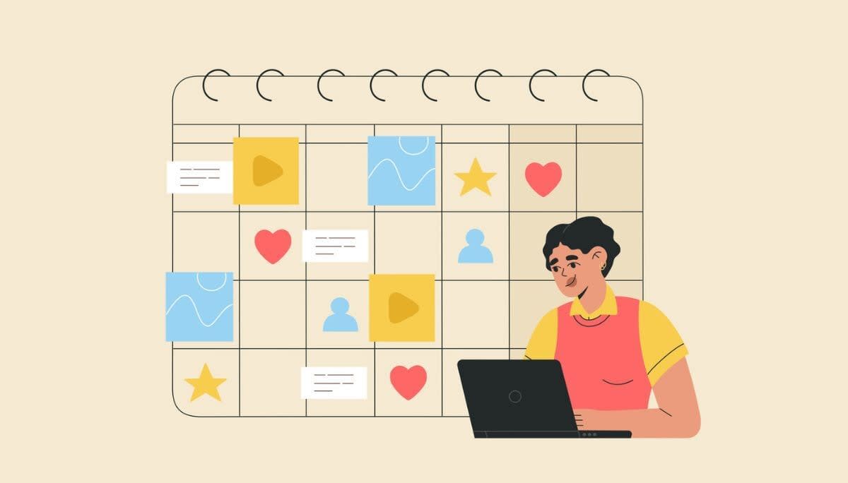 Illustration of person at laptop with calendar planner full of icons, symbolizing social media marketing plan creation.