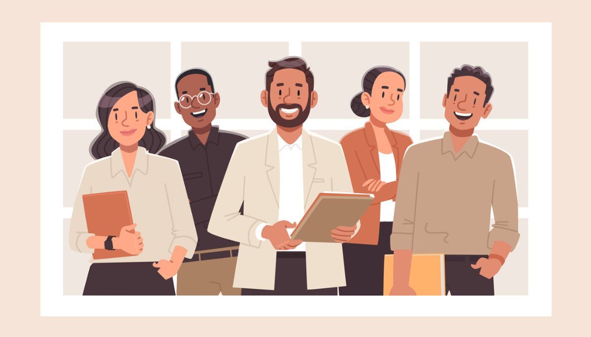 Group of professionals standing together with folders, symbolizing team leader role and responsibilities.