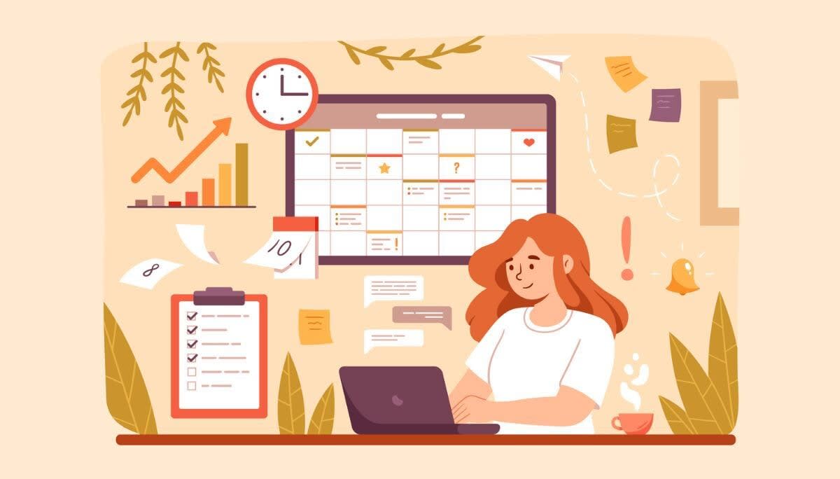 Illustrated workspace with calendar, clock, and task list, representing weekly schedule planning.