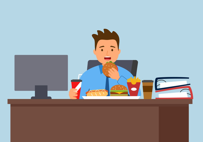 Fat hungry man working in office