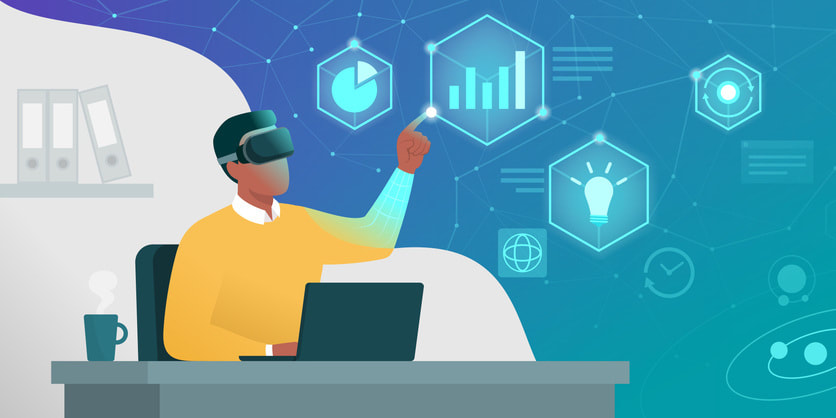 Businessman working and interacting with virtual reality stock illustration