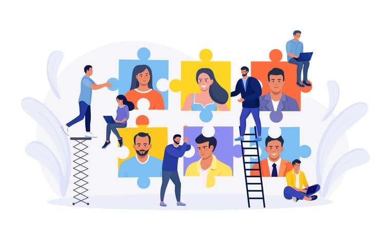 Tiny people connecting puzzle pieces, build team, hiring employees