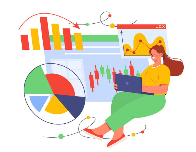 Female data analytics with graphs concept stock illustration