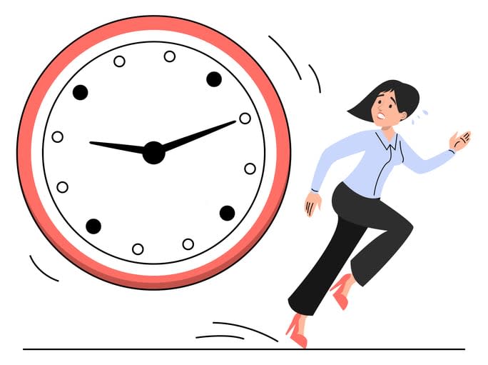 Woman in panic running away from giant clock stock illustration