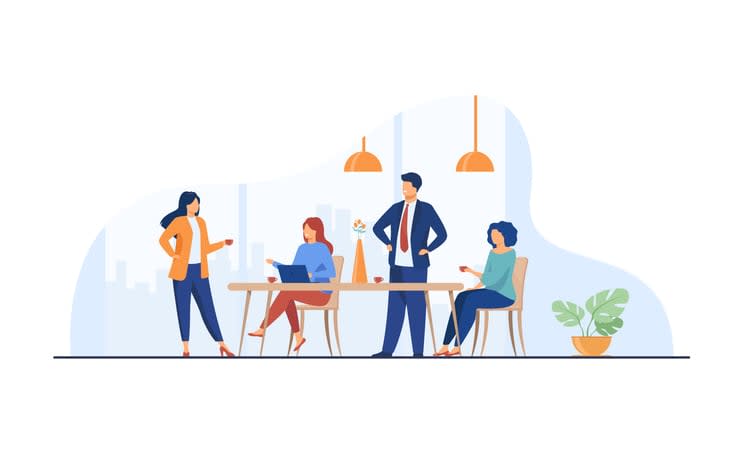 Employees meeting in office kitchen and drinking coffee stock illustration