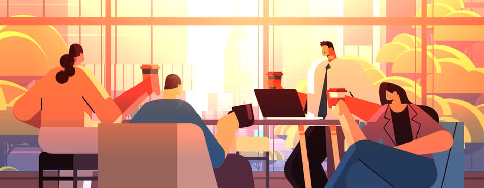 Mix race businesspeople sitting at cafe table and drinking coffee during meeting modern cafeteria interior stock illustration