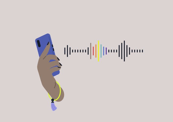 a hand holding a smartphone with a rainbow sound wave stock illustration