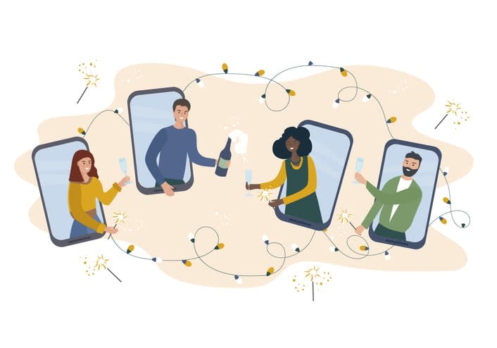 Friends celebrate, have fun, drink champagne in video chat in smartphones stock illustration
