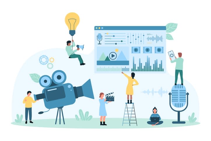 movie and multimedia production for vlog by tiny people stock illustration