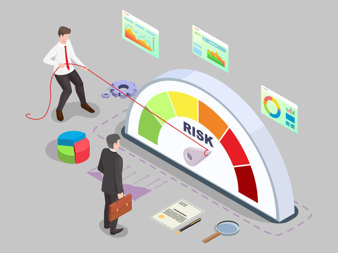 Isometric businessman turning risk meter arrow back with rope