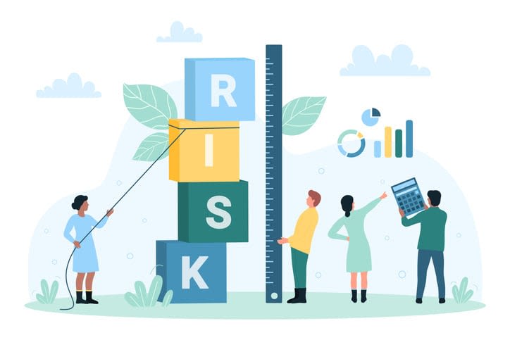 Risk management, control and measurement of financial risk by tiny people with ruler stock illustration