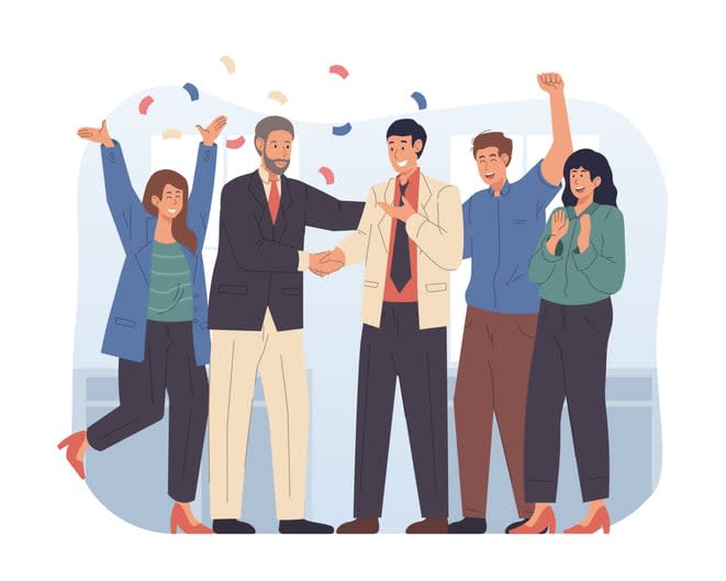 Boss and team congratulating successful employee stock illustration