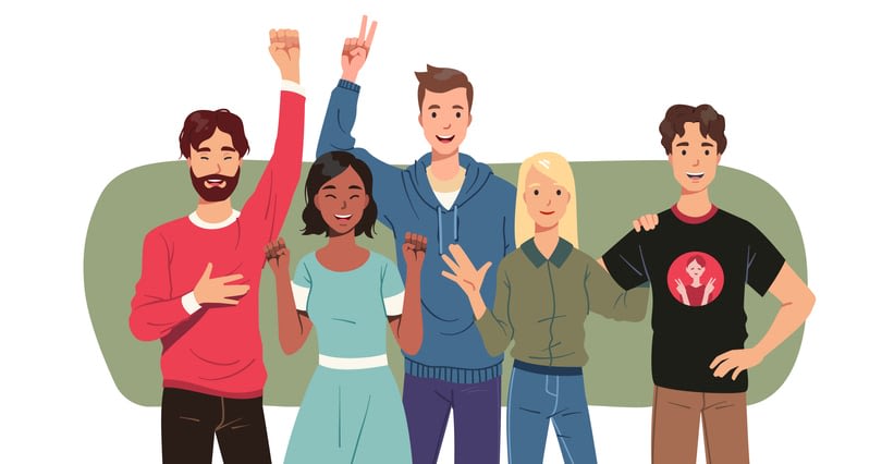 Friends group team stand together gesturing stock illustration