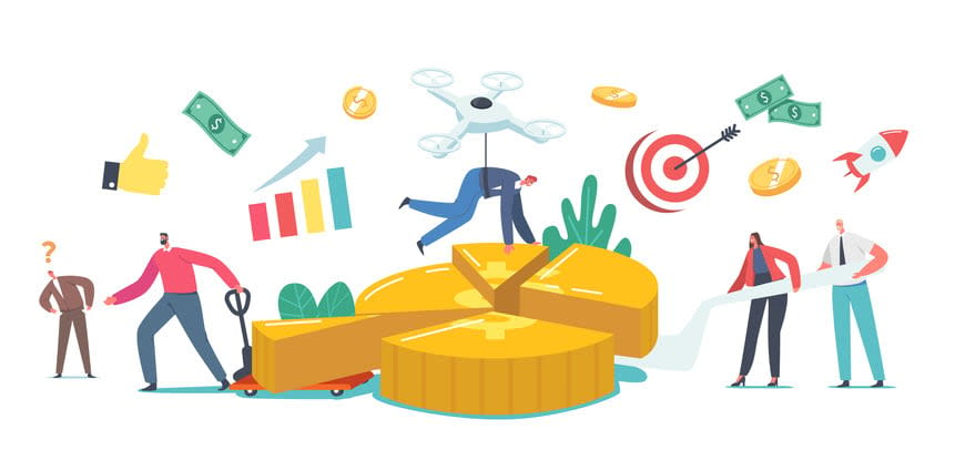 Tiny Businessmen or Businesswomen Characters Stand at Huge Pie Chart Showing Partners Money Shares stock illustration