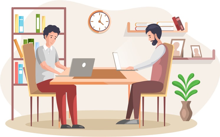 Male working persons sitting with computer at table in room and correspondence surfing Internet stock illustration