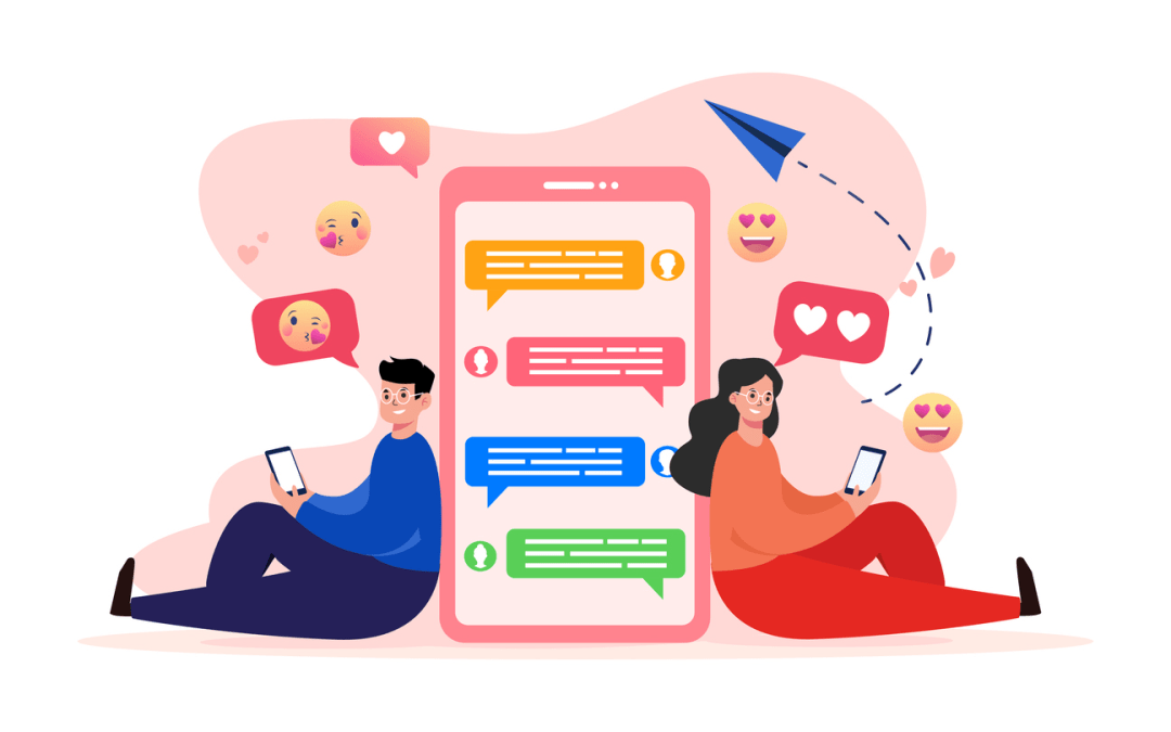 Boyfriend and girlfriend sending love messages using social networks online dating app