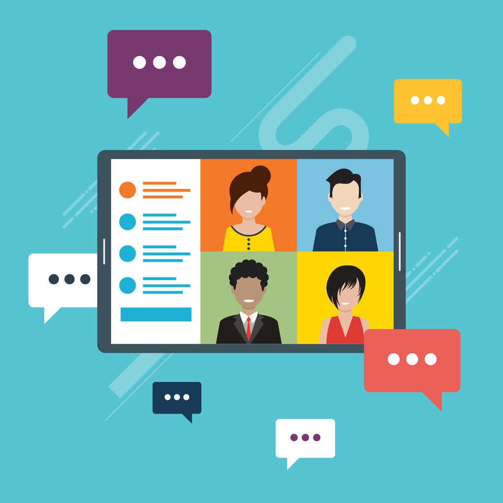 Friends online video conference by computer. Young people chat with each other virtually in video call