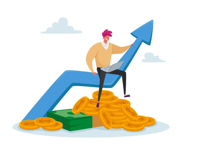 Tiny Business Man in Casual Clothing Work on Laptop Sitting on Huge Growing Arrow with Coins and Banknotes Below