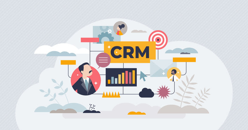 CRM system or business customer relationship management tiny person concept stock illustration