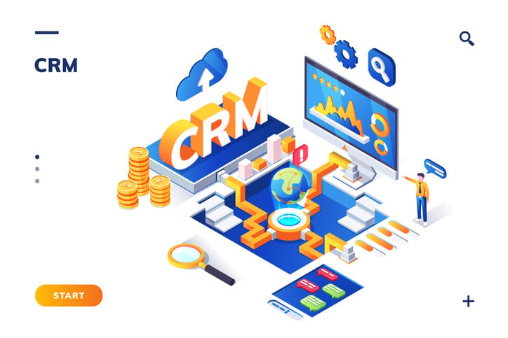 Isometric banner for crm or erp. Customer, client stock illustration