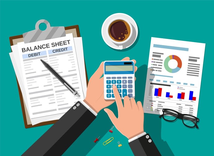 Accountant checks money balance stock illustration