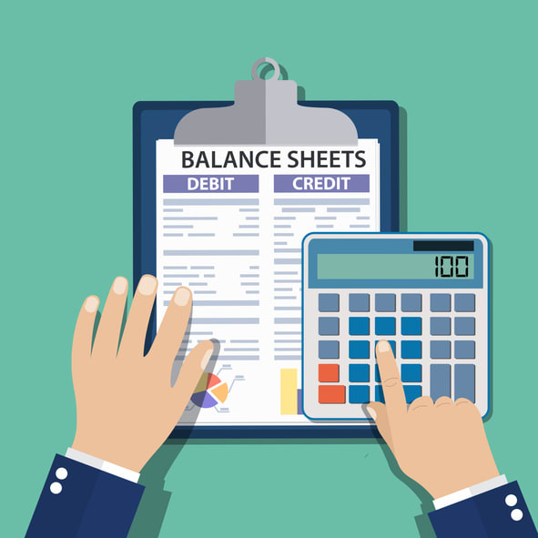 Accountant with report and a calculator checks money balance