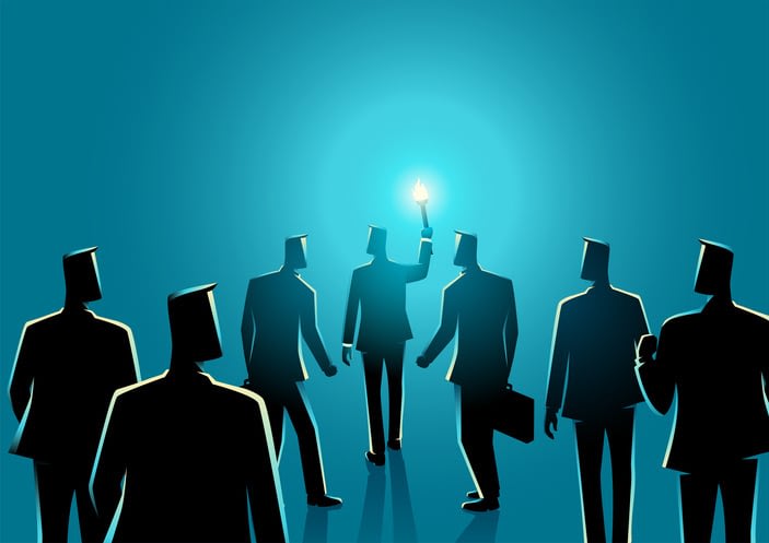 Businessman with torch leading another businessmen behind him stock illustration