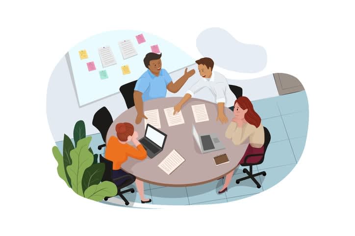 Group of people working out business plan in an office stock illustration