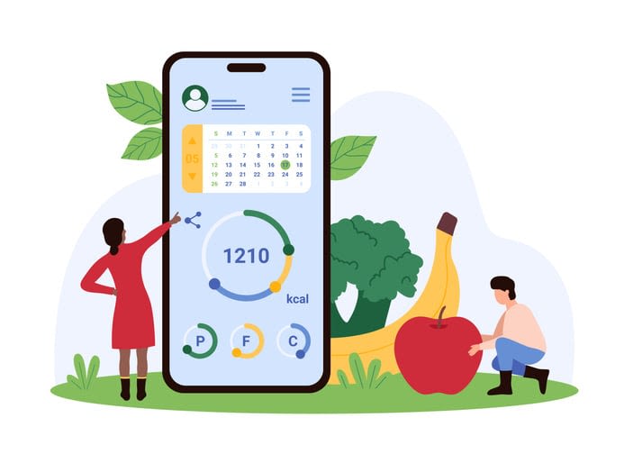 Calorie counting, food tracking and nutrition planning in mobile app of tiny people stock illustration