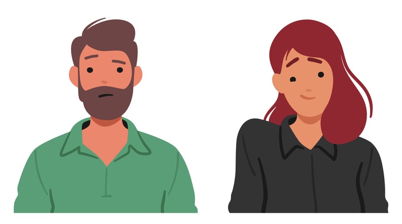 Man and Woman With A Subtle Shrug And A Gentle Smile, Expresses An Ambiguous Emotion, Cartoon People stock illustration