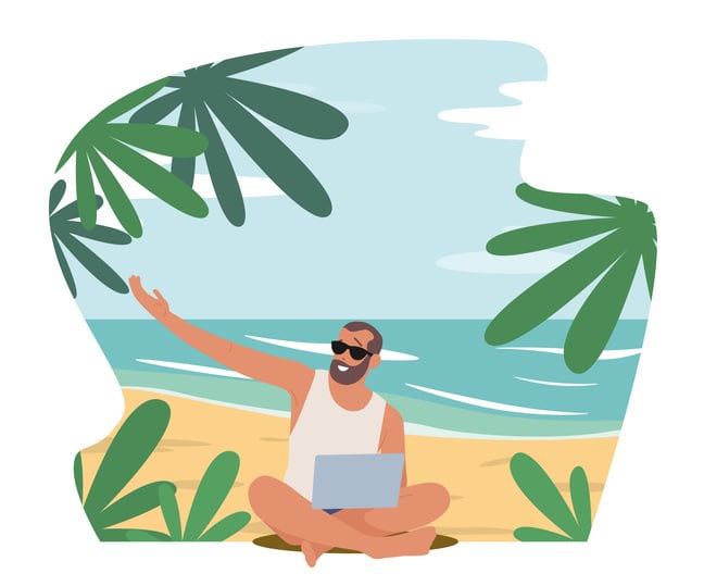 Businessman Character in Summer Wear Sitting with Laptop on Exotic Tropical Seaside Working Distantly