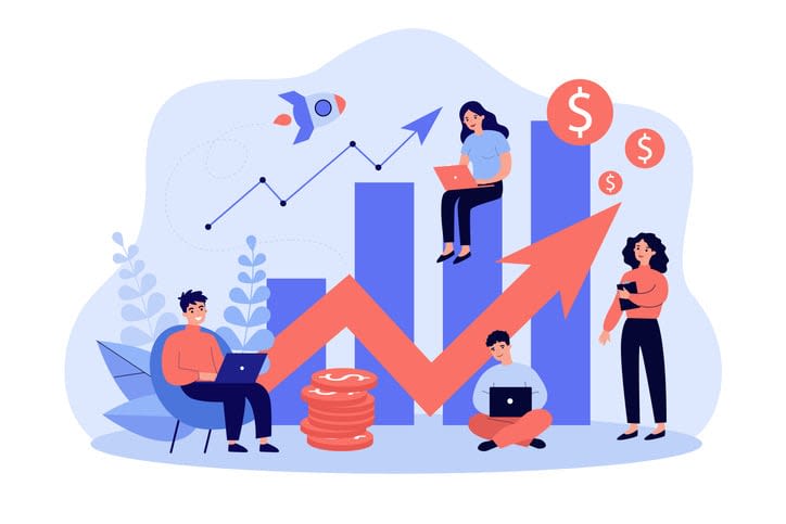 Startup team with laptops analyzing growth chart stock illustration