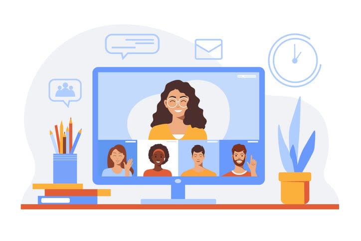 Conference video call, business team faces stock illustration